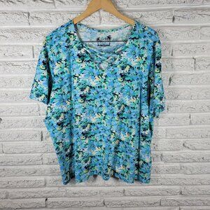 Coral Bay Women's 3X Plus Blue Watercolor Floral V-Neck Keyhole Tee Shirt WAT73E